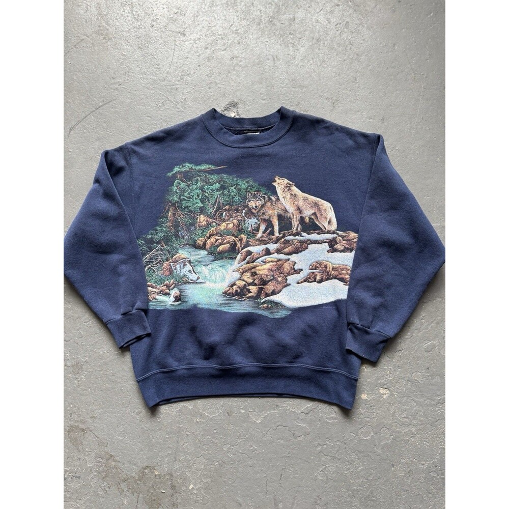 Vintage 90s Wolf Nature Sweatshirt Navy L